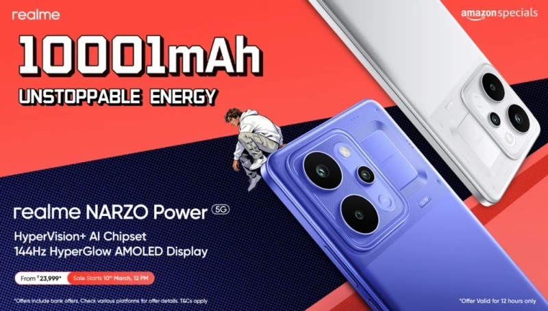 Realme выпустил Narzo Power 5G, оснащённый аккумулятором 10 001 мАч и ценой в 305 долларов.