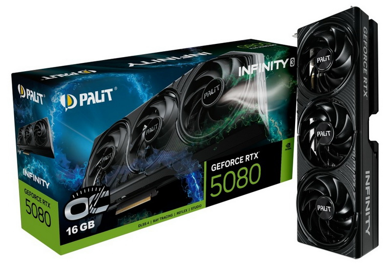 Palit представила GeForce RTX 5080 Infinity 3 без RGB‑подсветки как в разгоно‑версии, так и без неё.